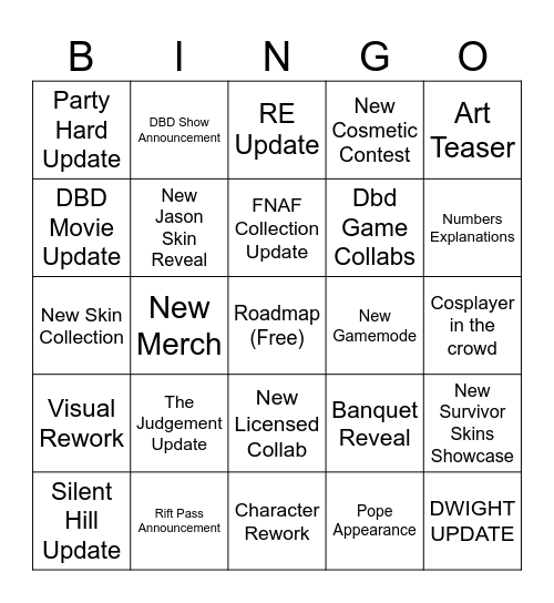 DBD Anniversary Stream Bingo Card