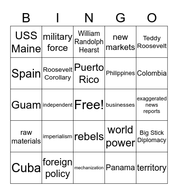 Spanish-American War Bingo Card
