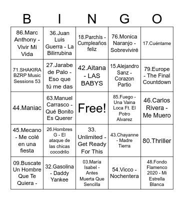 Bingo Musical DJUrban Bingo Card