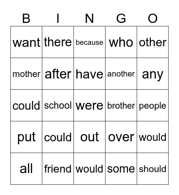 Year 2 Heart Words Bingo Card