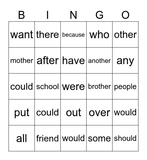 Year 2 Heart Words Bingo Card