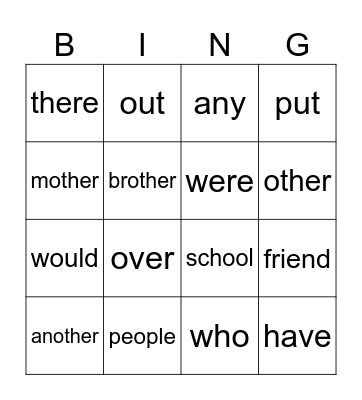 Year 2 Heart Words Bingo Card