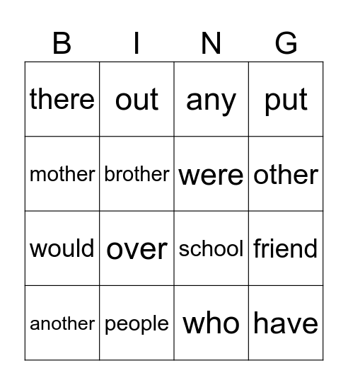 Year 2 Heart Words Bingo Card