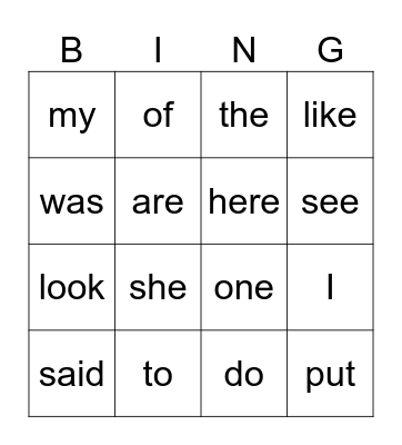 Year 1 Heart Words Bingo Card