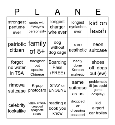 Airport PLANE (bingo) Bingo Card