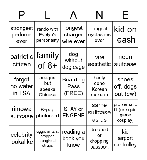 Airport PLANE (bingo) Bingo Card