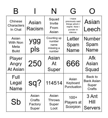 Asia Weekend Bingo Card
