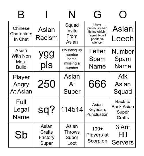Asia Weekend Bingo Card