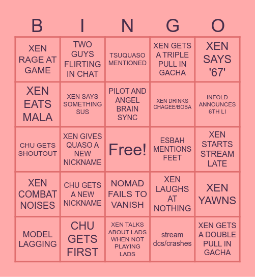 Xeniversary Subathon Bingo Card
