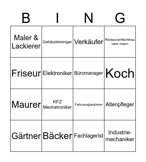Berufe-Bingo Card