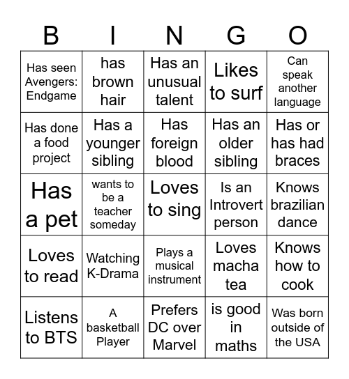 7th Grade Human Bingo Card
