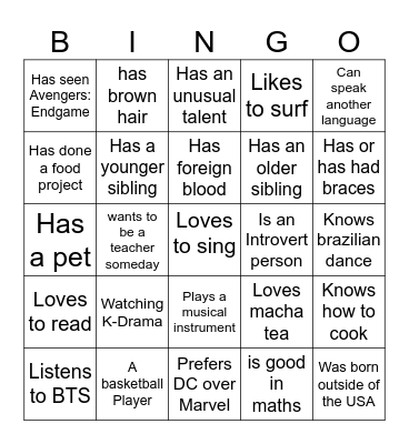 7th Grade Human Bingo Card