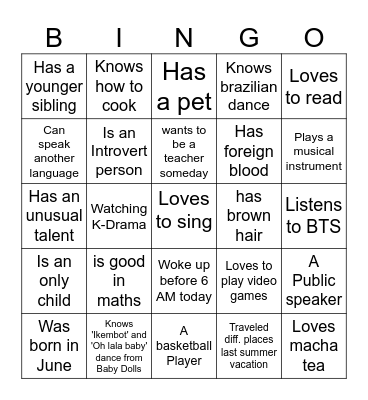 7th Grade Human Bingo Card