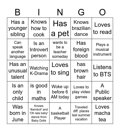 7th Grade Human Bingo Card