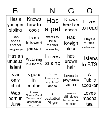 7th Grade Human Bingo Card