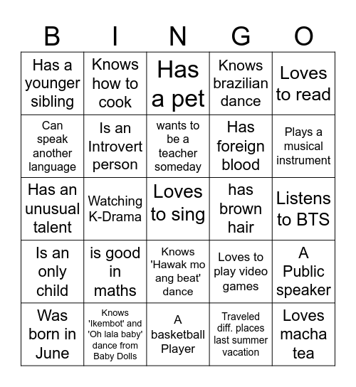 7th Grade Human Bingo Card