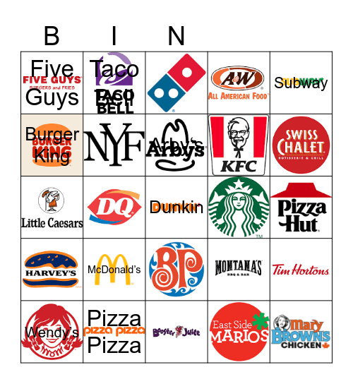 Restaurant Bingo Card