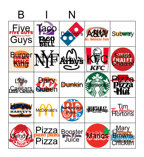 Restaurant Bingo Card