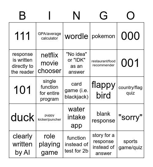 AP CSP Bingo Card