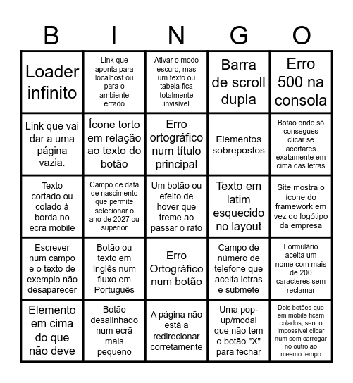 QA Bingo! Bingo Card