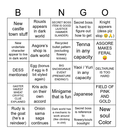 Deltarune Chapter 5 Bingo Card