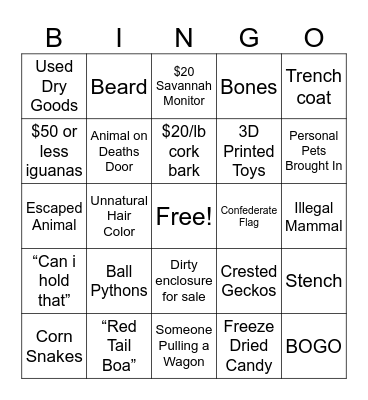 Reptile Expo Bingo Card