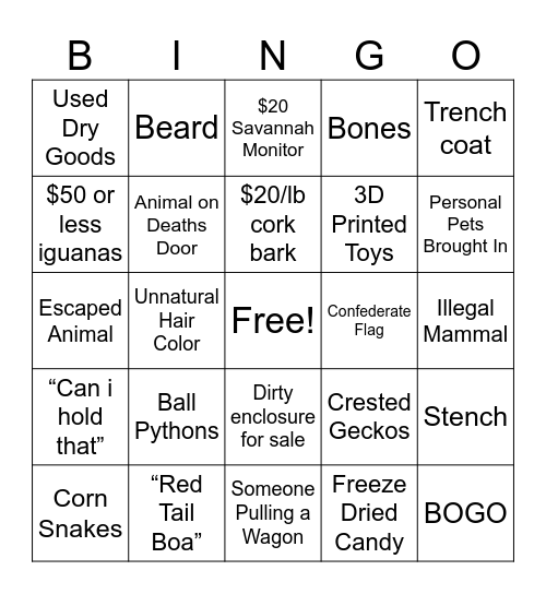 Reptile Expo Bingo Card
