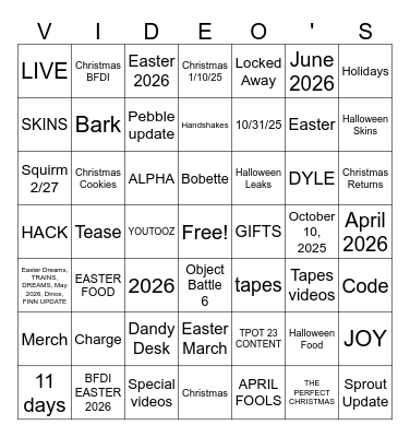 1 new BFDI Video Bingo Card