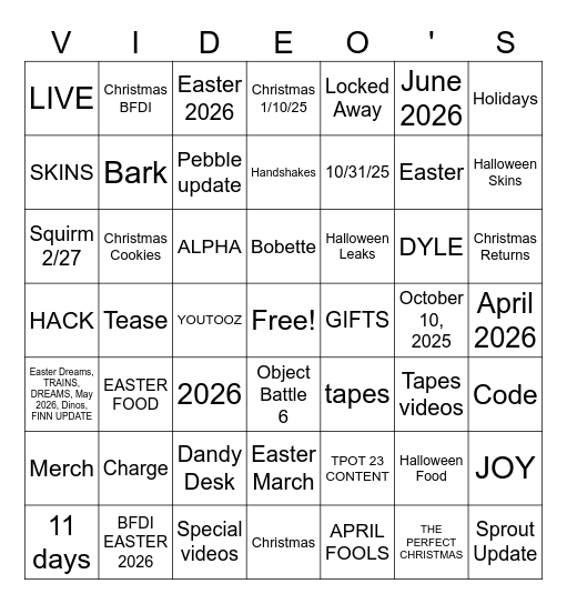 1 new BFDI Video Bingo Card