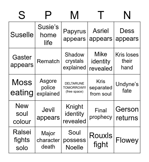 Deltarune Chapter 5 Bingo Card