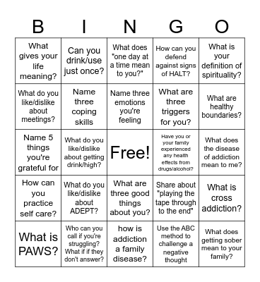 Recovery Bingo Card