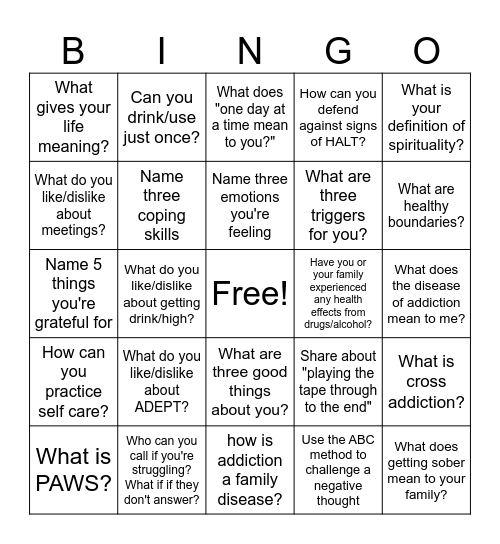 Recovery Bingo Card