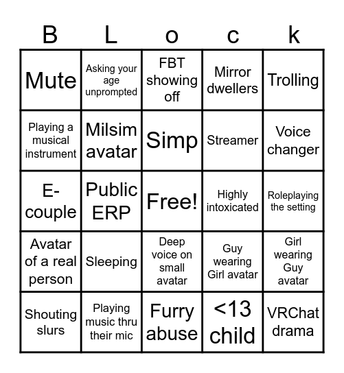 Blocked 500 VRChat Bingo Card