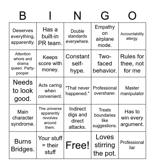 Narcissism Bingo (Gamin4Hope Edition) Bingo Card