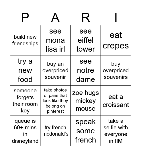 paris bingo card Bingo Card