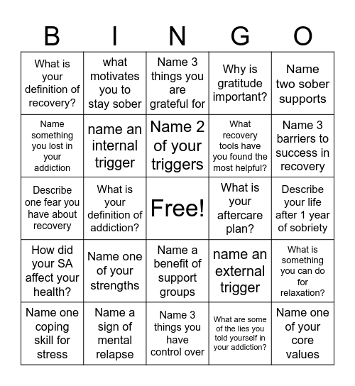 Recovery Bingo! Bingo Card