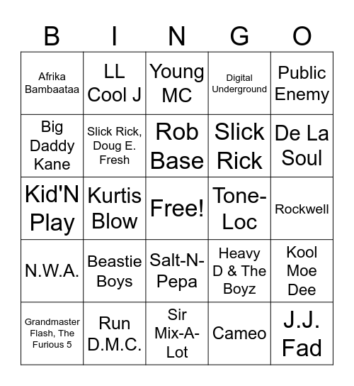 80's HipHop/Rap Bingo Card