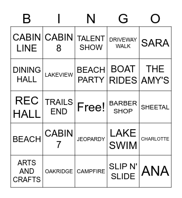 SHADOW LAKE BINGO Card