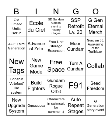 SD Gundam G Generation Eternal Summer Livestream 2026 Bingo Card