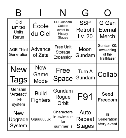 SD Gundam G Generation Eternal Summer Livestream 2026 Bingo Card