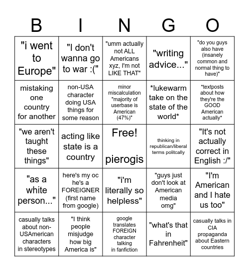 USAMERICANCENTRISM TUMBLR / FANDOM Bingo Card