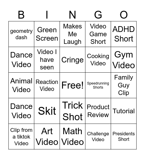 YT Shorts Bingo Card