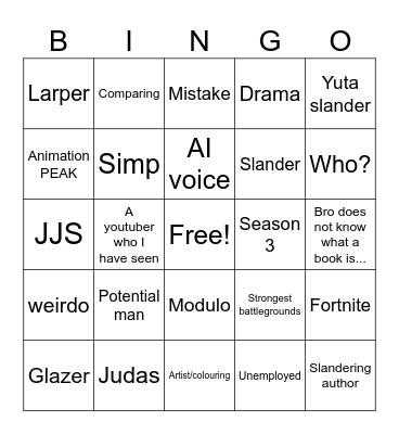 JJK Shorts Bingo Card