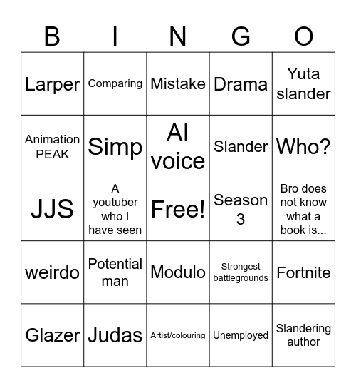 JJK Shorts Bingo Card