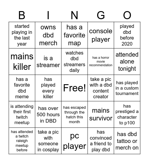Dead By Daylight Bingo Card