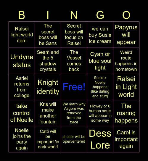 Deltarune Bingo Card