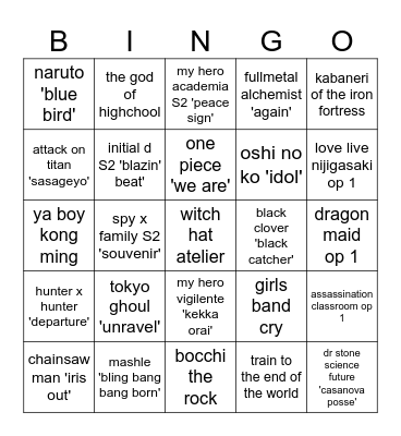 anime openings Bingo Card
