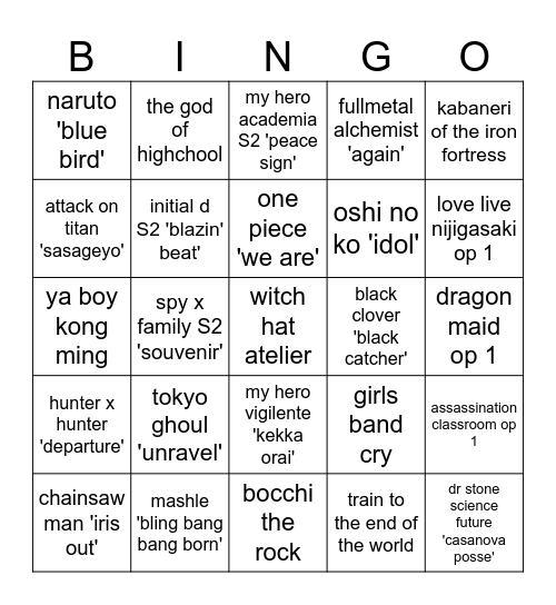 anime openings Bingo Card