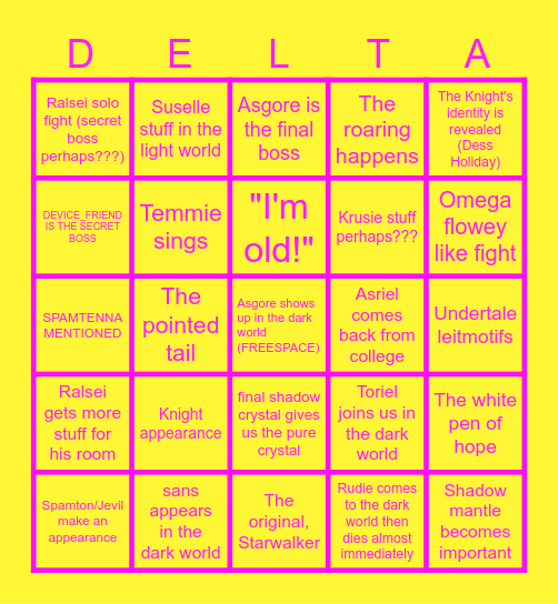 Deltarune Chapter 5 Non-Snowgrave Predictions Bingo Card