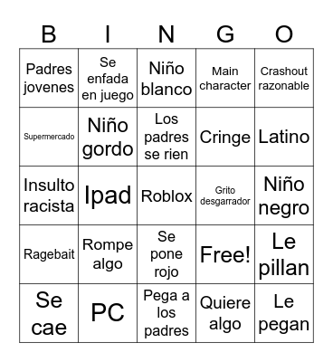 Kids crashing out Bingo Card